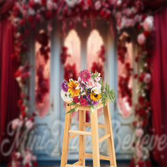 Aperturee - Romantic White Door Red Rose Curtain Floral Backdrop