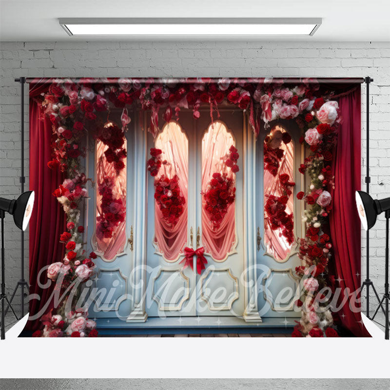 Aperturee - Romantic White Door Red Rose Curtain Floral Backdrop