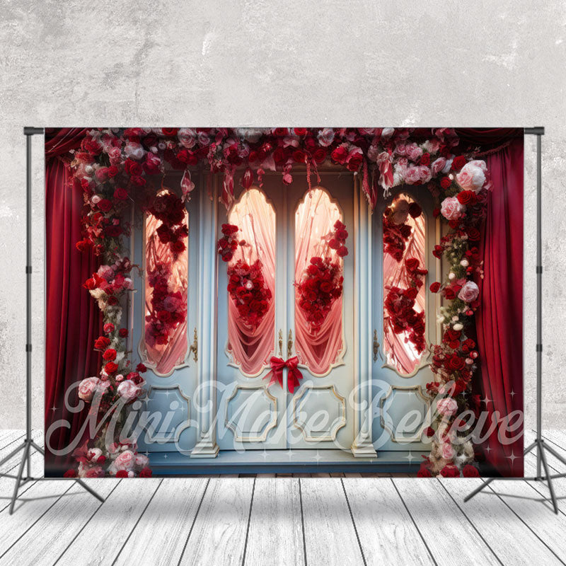 Aperturee - Romantic White Door Red Rose Curtain Floral Backdrop