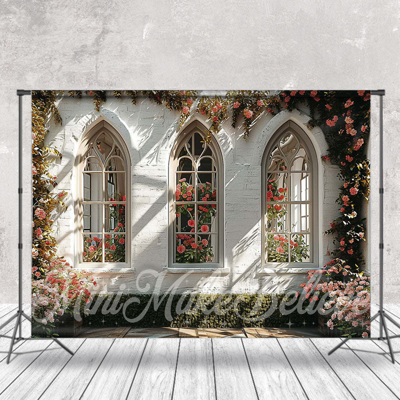 Aperturee - Romantic White Wall Rose Window Spring Photo Backdrop