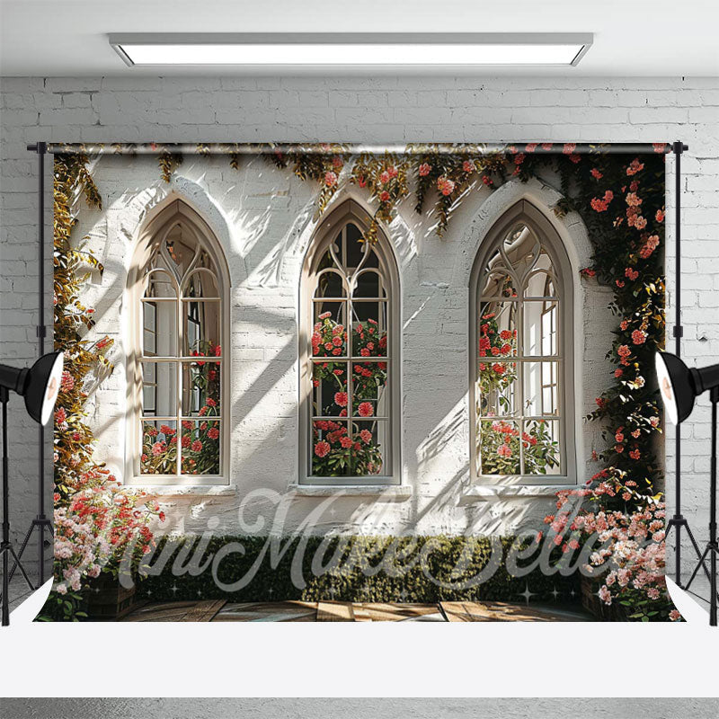 Aperturee - Romantic White Wall Rose Window Spring Photo Backdrop