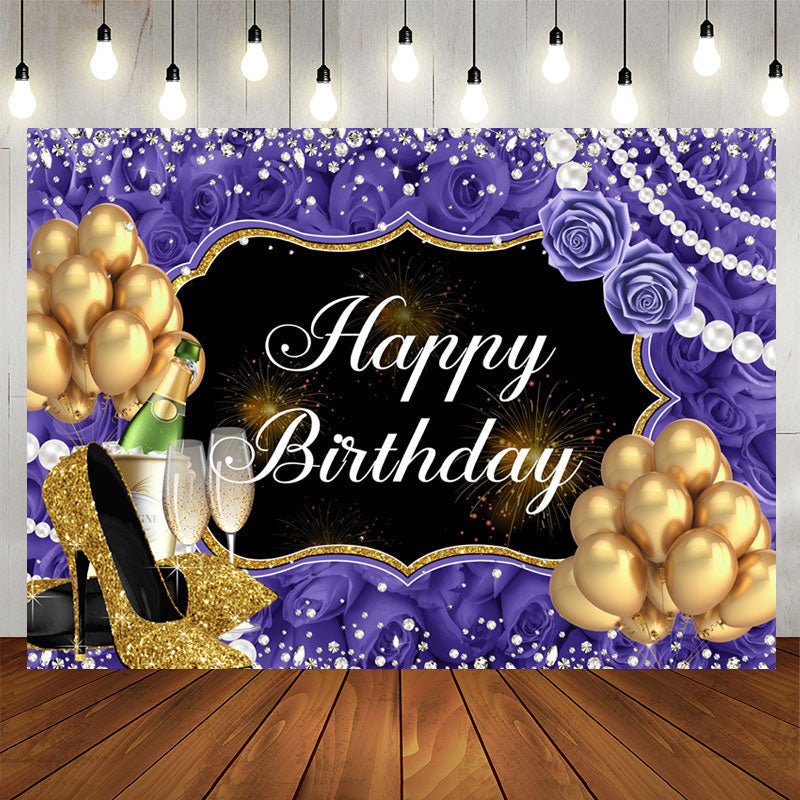 Aperturee - Rose And Glitter Balloon Pearl Happy Birthday Backdrop