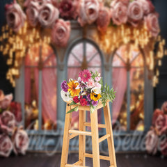 Aperturee - Rose Decorated Arched Window With Lights Backdrop