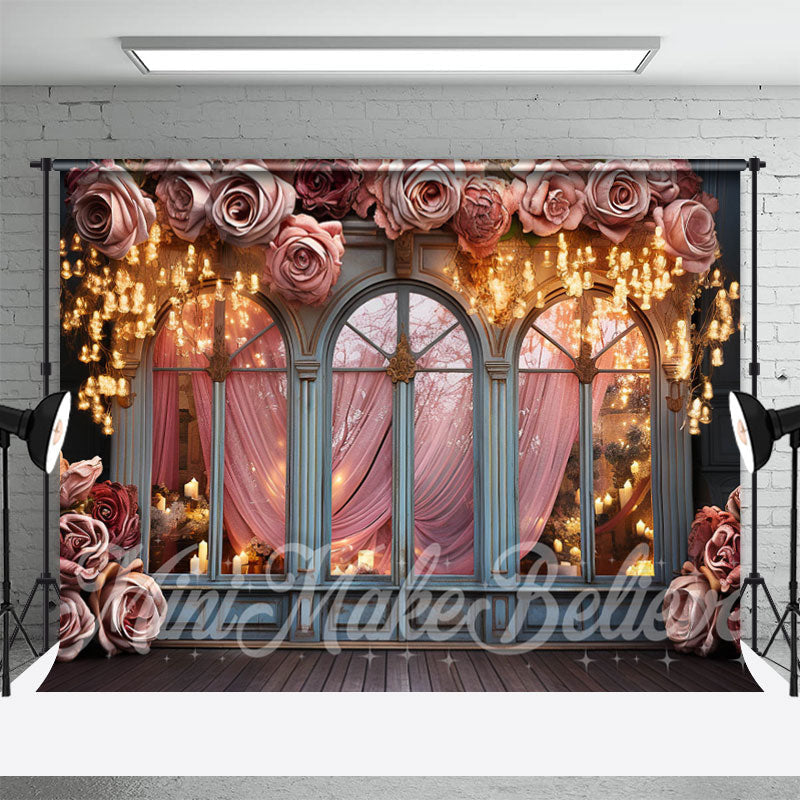 Aperturee - Rose Decorated Arched Window With Lights Backdrop