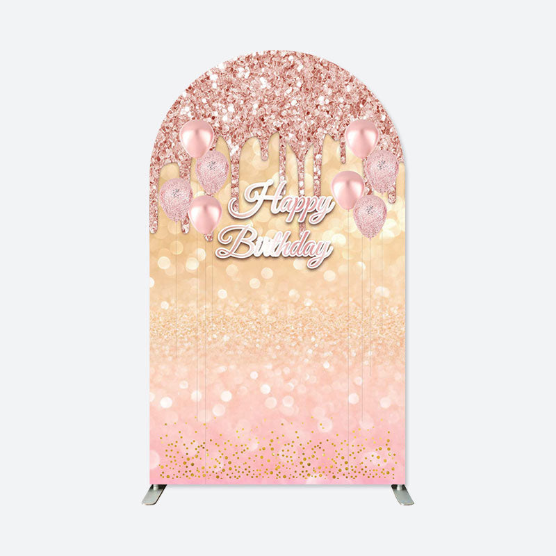 Aperturee - Rose Glod Glitter Bokeh Happy Birthday Arch Backdrop