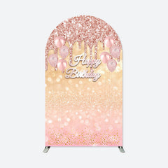 Aperturee - Rose Glod Glitter Bokeh Happy Birthday Arch Backdrop