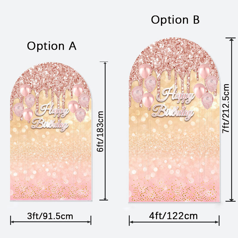 Aperturee - Rose Glod Glitter Bokeh Happy Birthday Arch Backdrop