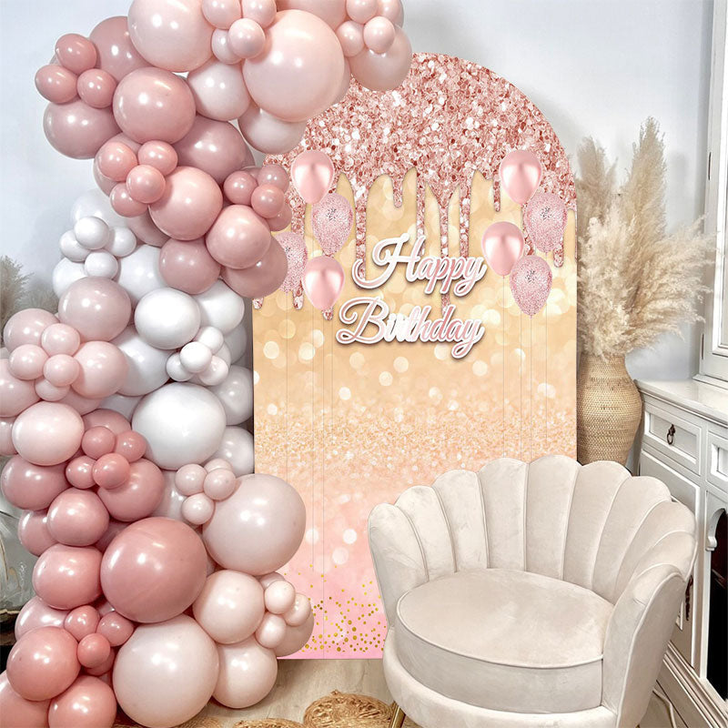 Aperturee - Rose Glod Glitter Bokeh Happy Birthday Arch Backdrop