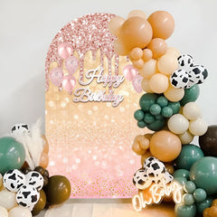 Aperturee - Rose Glod Glitter Bokeh Happy Birthday Arch Backdrop