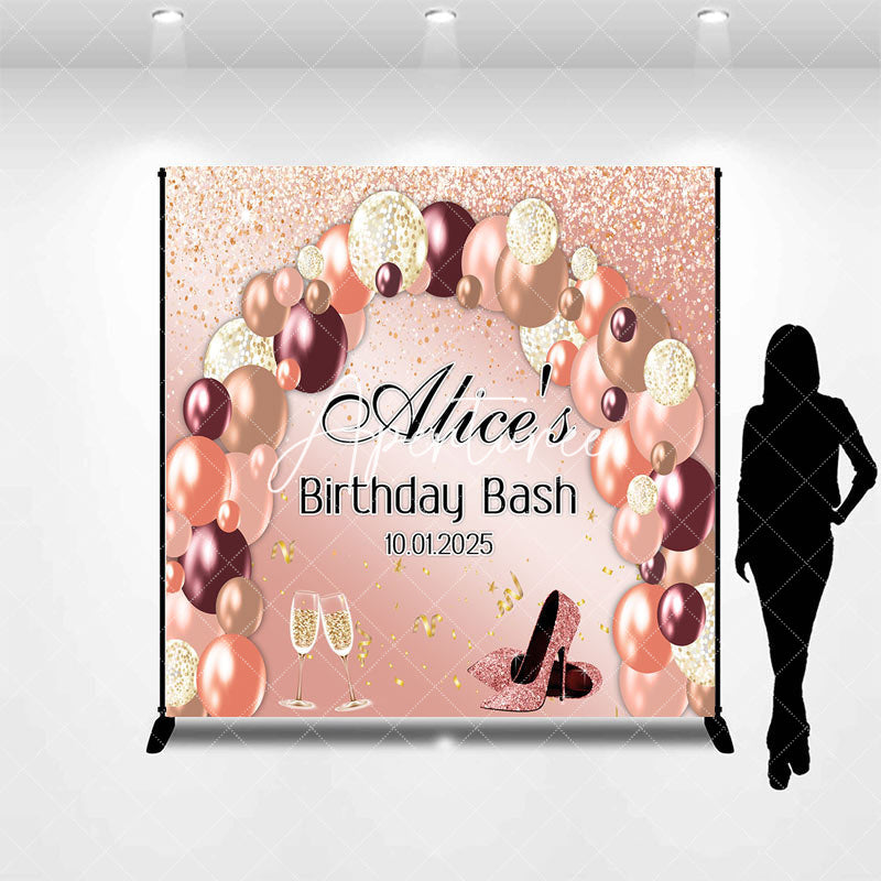 Aperturee - Rose Gold Balloons Custom Name Birthday Backdrop