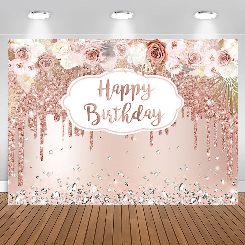 Aperturee - Rose Gold Floral And Glitter Happy Birthday Backdrop