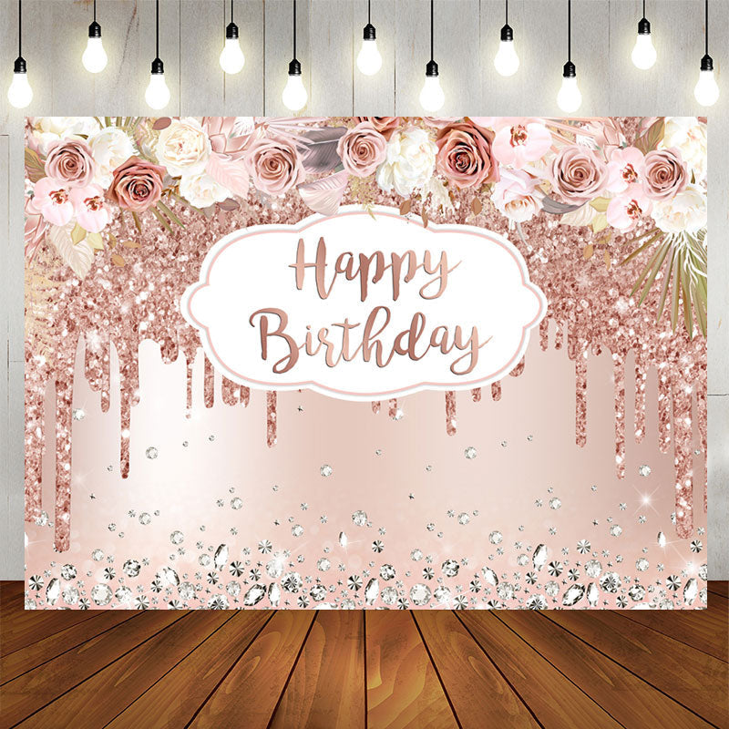 Aperturee - Rose Gold Floral And Glitter Happy Birthday Backdrop