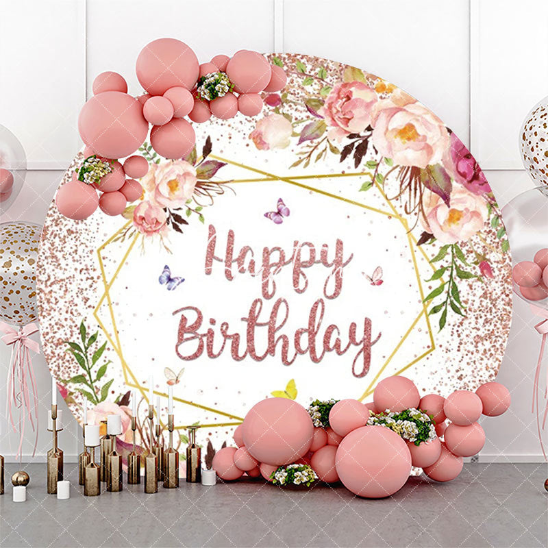 Aperturee - Rose Gold Glitter Floral Round Birthday Backdrop