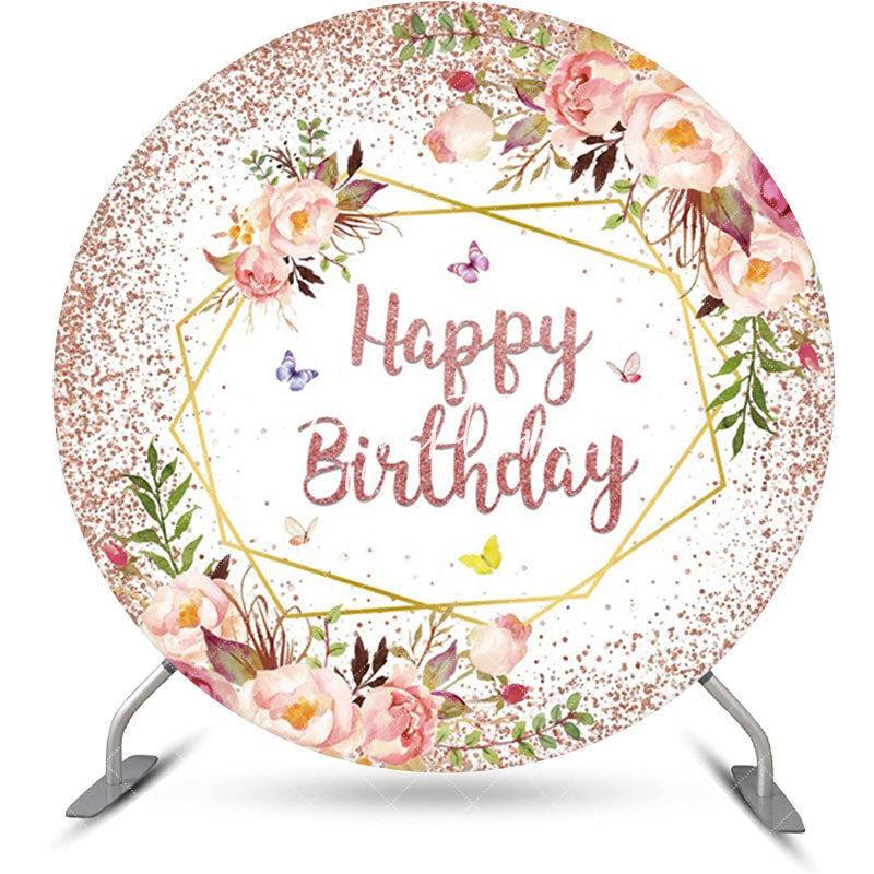 Aperturee - Rose Gold Glitter Floral Round Birthday Backdrop