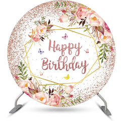 Aperturee - Rose Gold Glitter Floral Round Birthday Backdrop