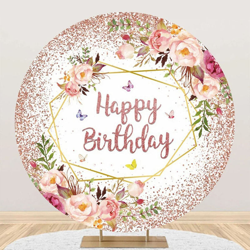 Aperturee - Rose Gold Glitter Floral Round Birthday Backdrop