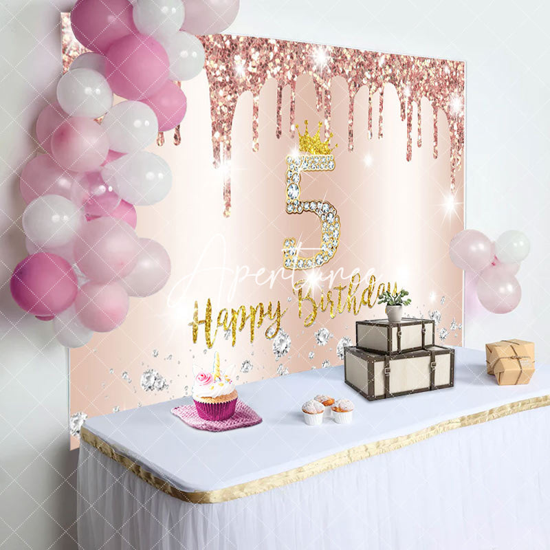 Aperturee - Rose Gold Glitter Happy 5th Birthday Backdrop For Girl