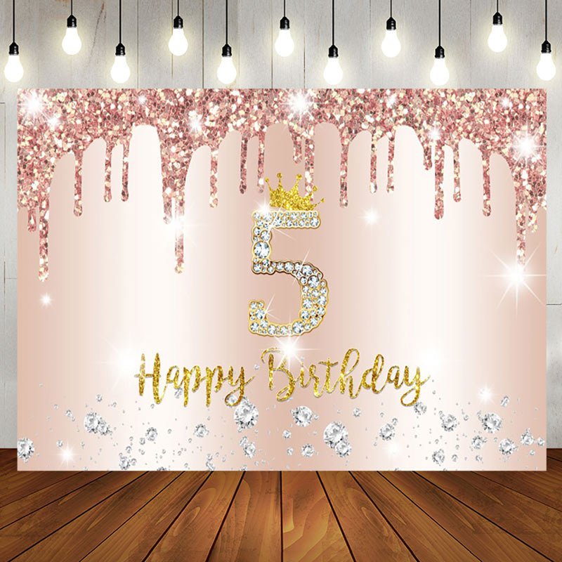 Aperturee - Rose Gold Glitter Happy 5th Birthday Backdrop For Girl