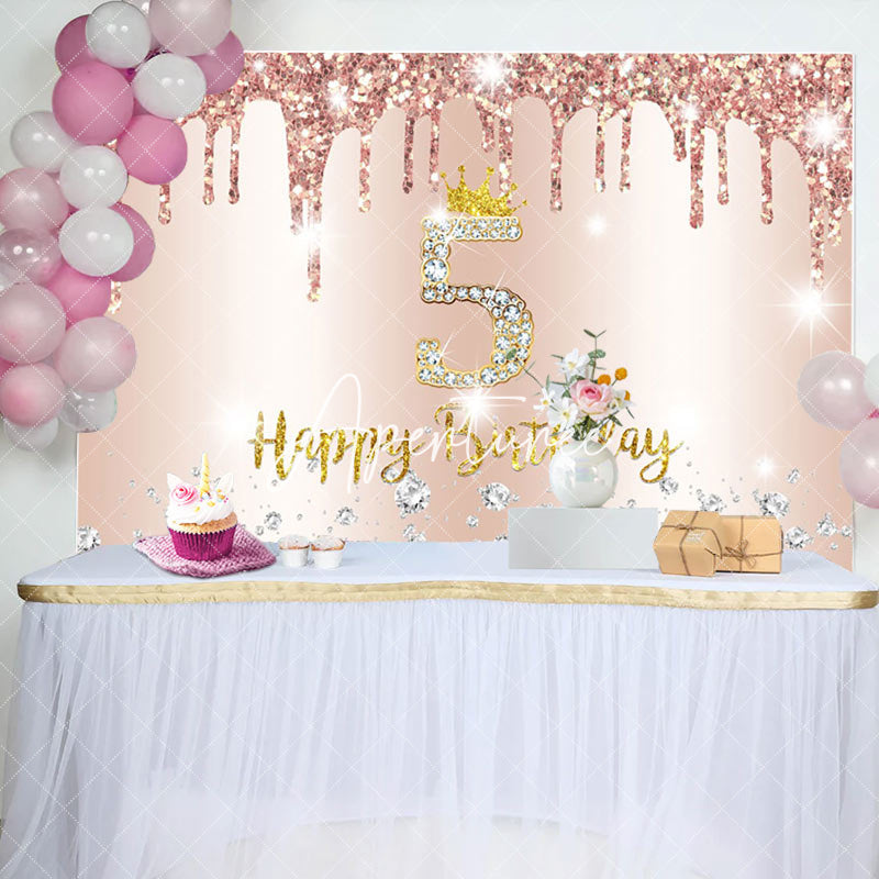 Aperturee - Rose Gold Glitter Happy 5th Birthday Backdrop For Girl