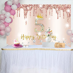 Aperturee - Rose Gold Glitter Happy 5th Birthday Backdrop For Girl