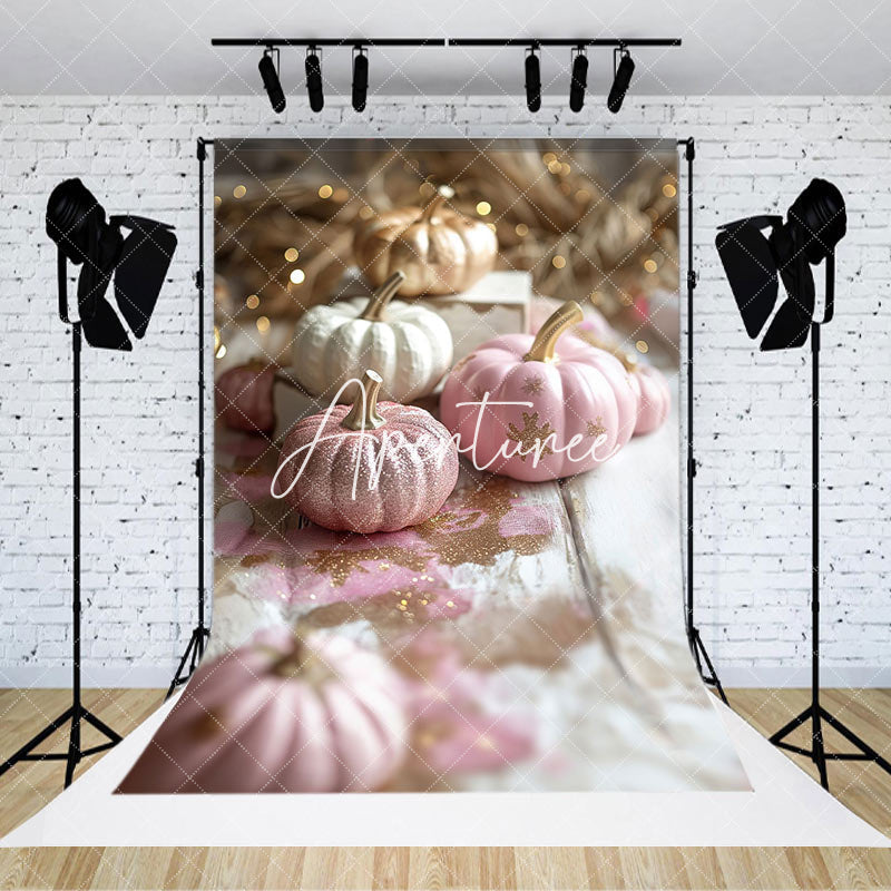 Aperturee - Rose Gold Glitter Pumpkins Bokeh Backdrop For Photo