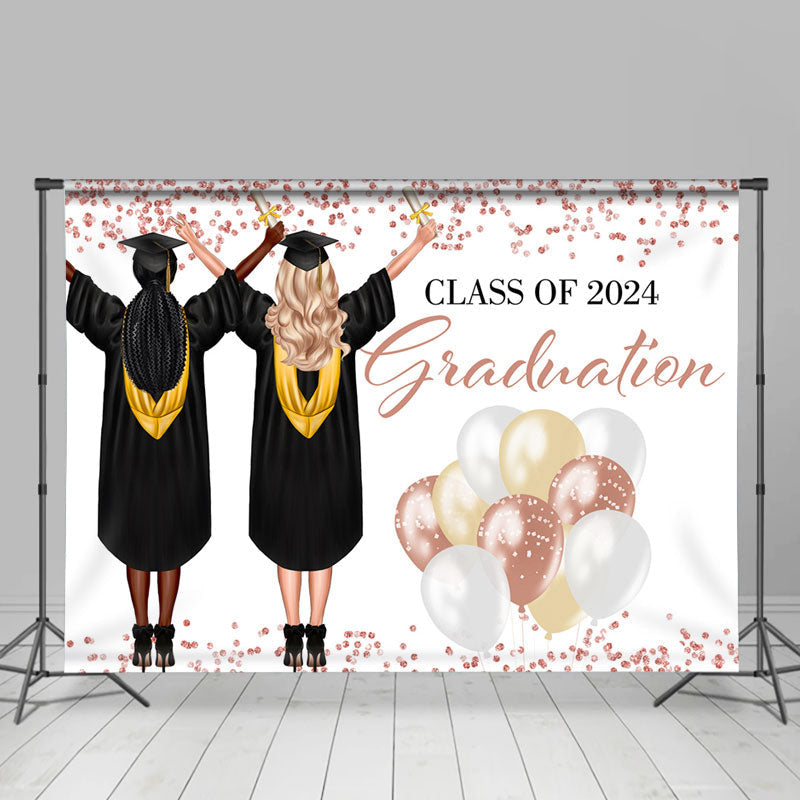 Aperturee - Rose Gold Glitter Two Girls 2024 Grad Photo Backdrop