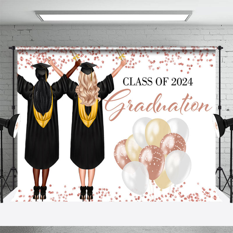 Aperturee - Rose Gold Glitter Two Girls 2024 Grad Photo Backdrop