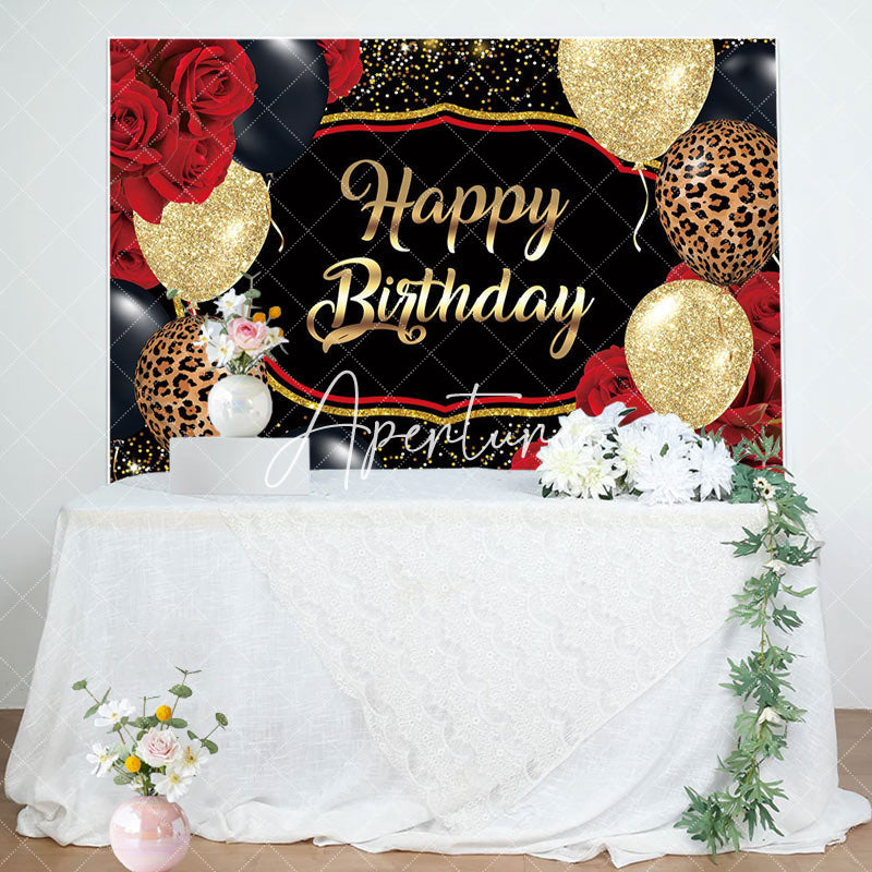 Aperturee - Rose Gold Leopard Balloons Happy Birthday Backdrop