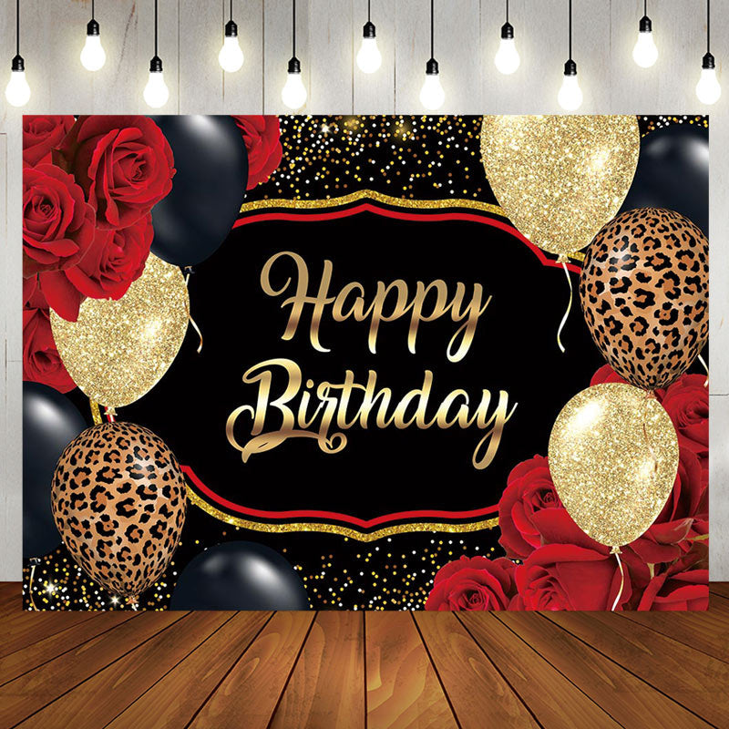 Aperturee - Rose Gold Leopard Balloons Happy Birthday Backdrop