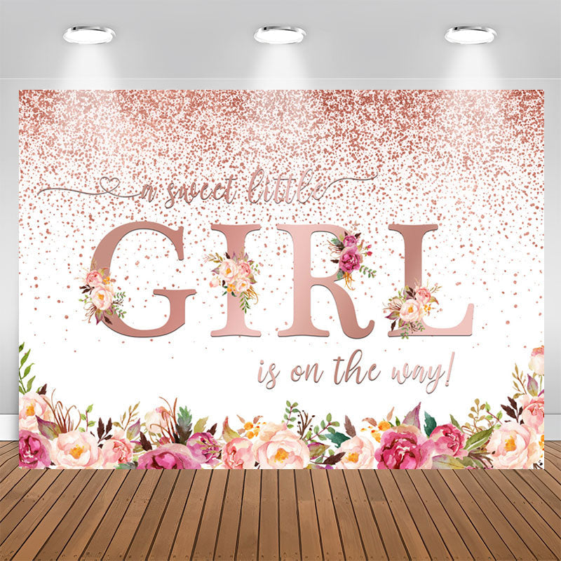 Aperturee - Rose Gold Sweet Girl Is On The Way Baby Shower Backdrop