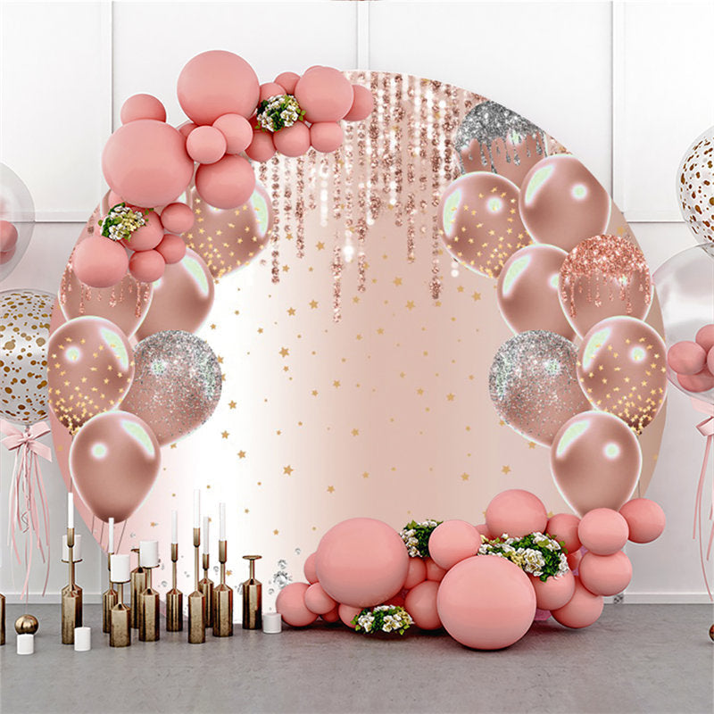 Aperturee Rose Golden Balloons Lights Round Glitter Backdrop