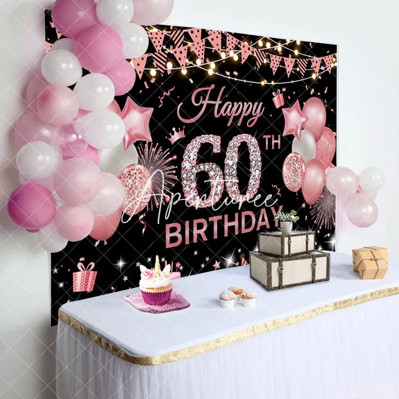 Aperturee - Rose Pink Flags Balloon 60th Birthday Backdrop