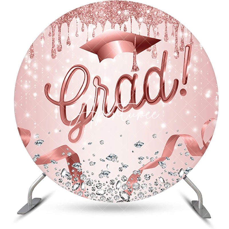 Aperturee - Rose Pink Sparkle Cap Round Congrats Grad Backdrop