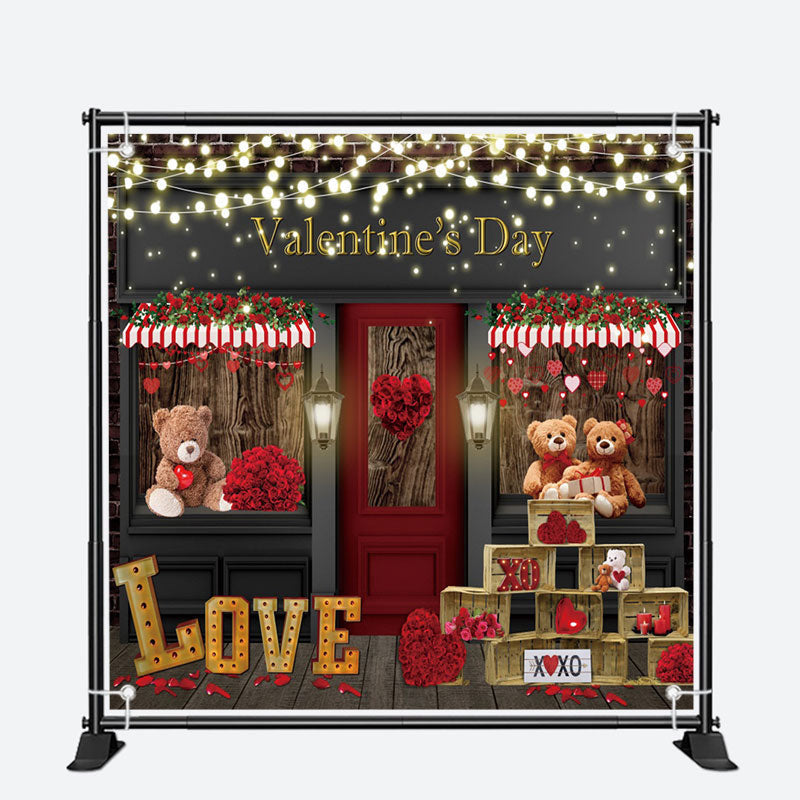 Aperturee - Rose Shop Door Bears Light Valentines Day Backdrop