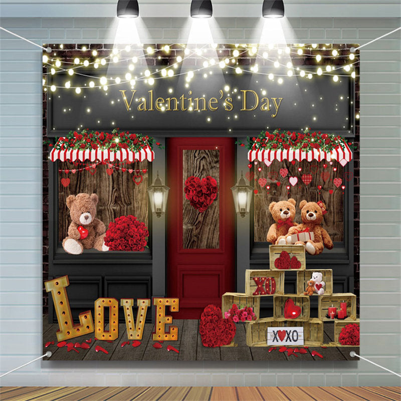 Aperturee - Rose Shop Door Bears Light Valentines Day Backdrop