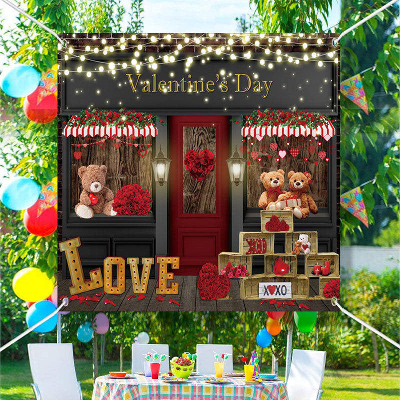 Aperturee - Rose Shop Door Bears Light Valentines Day Backdrop