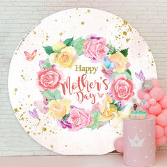 Aperturee Rose Wreath Gold Glitter Pink Round Mothers Day Backdrop