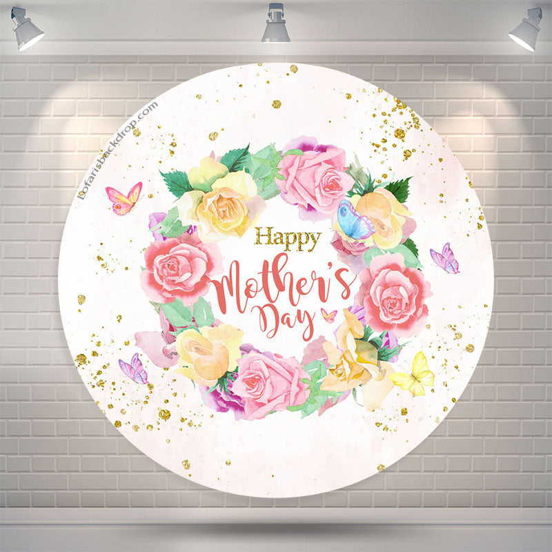 Aperturee Rose Wreath Gold Glitter Pink Round Mothers Day Backdrop