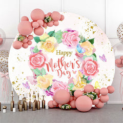 Aperturee Rose Wreath Gold Glitter Pink Round Mothers Day Backdrop