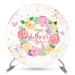 Aperturee Rose Wreath Gold Glitter Pink Round Mothers Day Backdrop