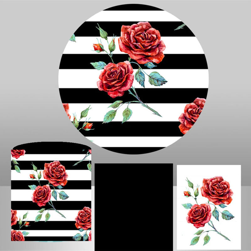 Aperturee Roses Black White Stripe Birthday Round Backdrop Kit