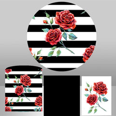 Aperturee Roses Black White Stripe Birthday Round Backdrop Kit