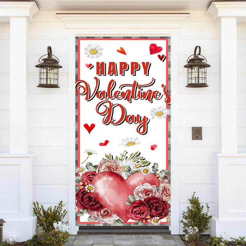 Aperturee - Roses Daisy Plaid Border Valentines Day Door Cover