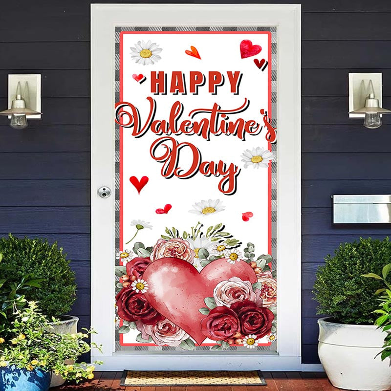 Aperturee - Roses Daisy Plaid Border Valentines Day Door Cover