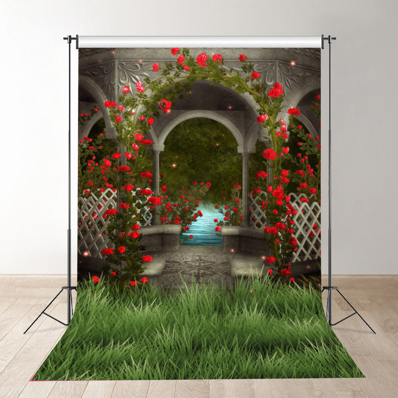 Aperturee - Roses Garden Grass Valentines Day Photo Backdrop