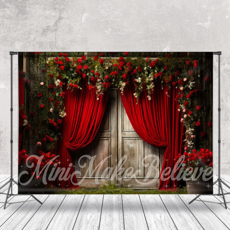 Aperturee - Roses Red Curtain Wood Door Grass Photo Backdrop