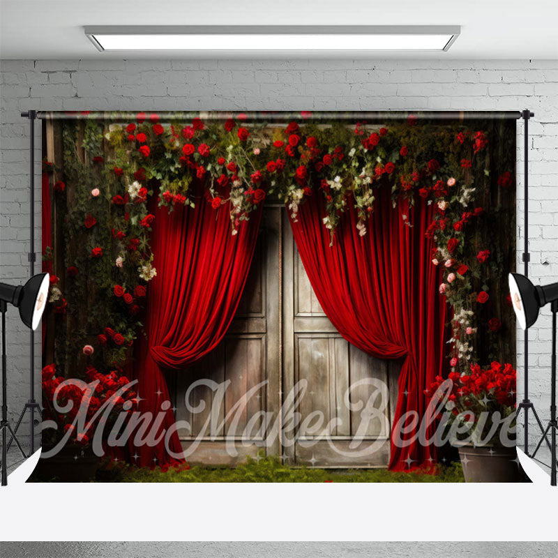 Aperturee - Roses Red Curtain Wood Door Grass Photo Backdrop