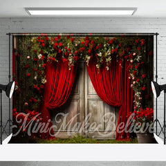 Aperturee - Roses Red Curtain Wood Door Grass Photo Backdrop