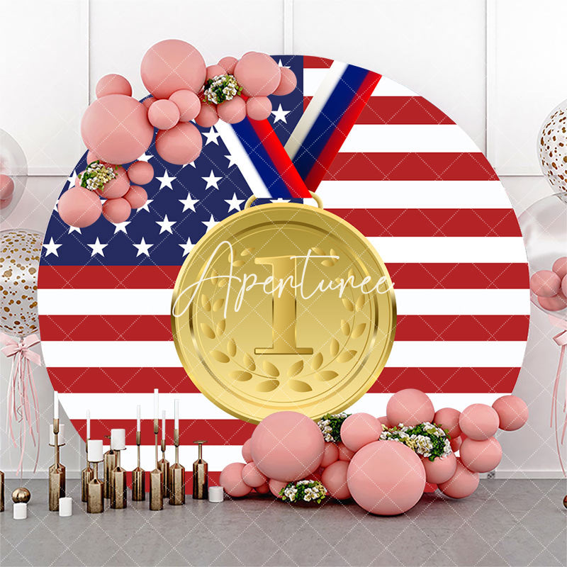 Aperturee - Round American Flag Stars Gold Metal Sports Backdrop