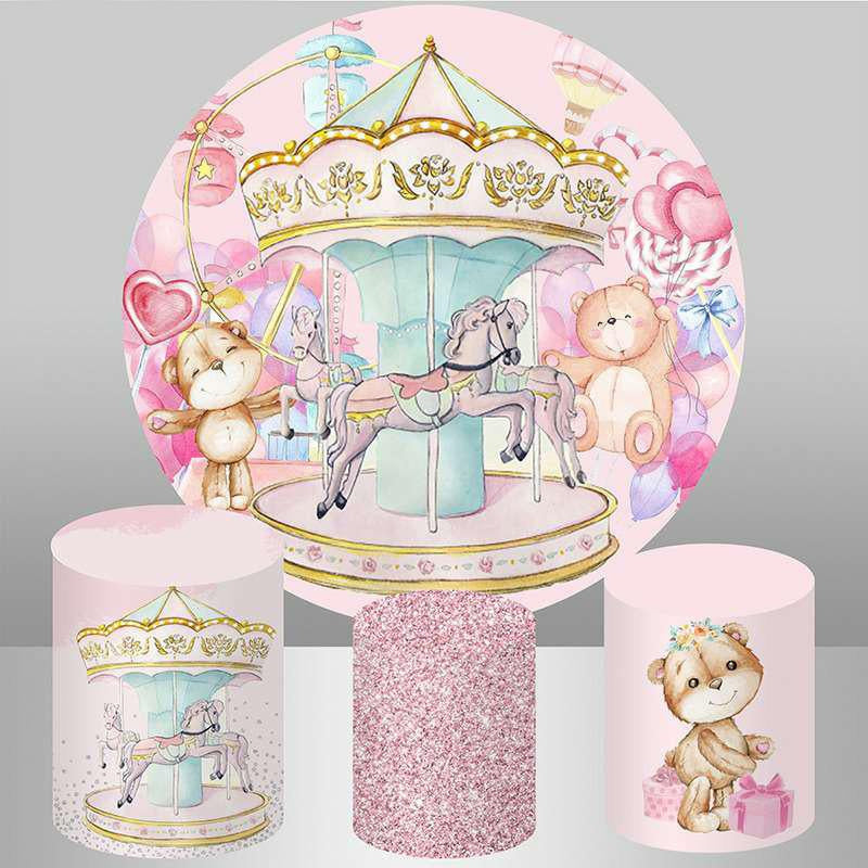 Aperturee - Round And Pink Carousel With Teddy Birthday Backdrop